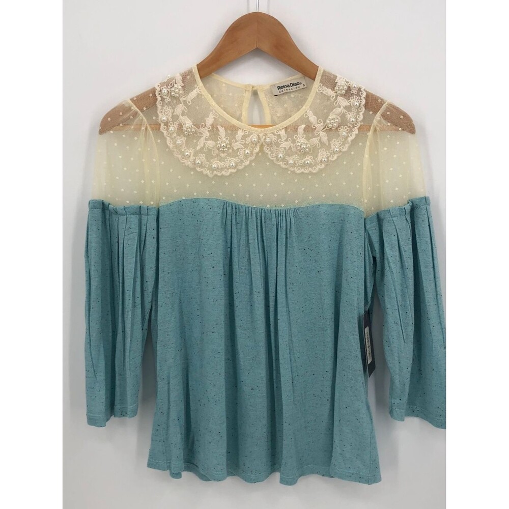 Reina Diaz Collection, Aqua Long-Sleeve Top W/ Lace Yoke, Sz 4